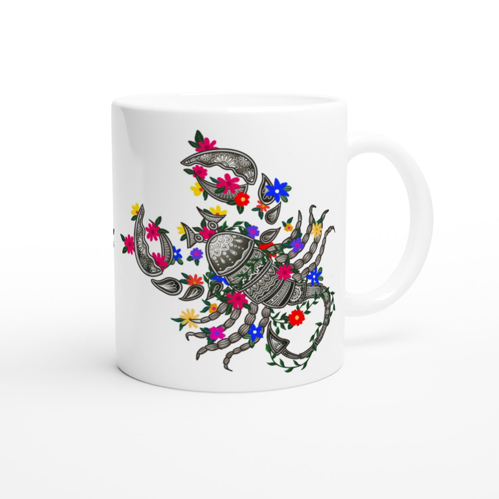 Image of white coffee mug with Scorpio sign designed by AK Pattern Studio