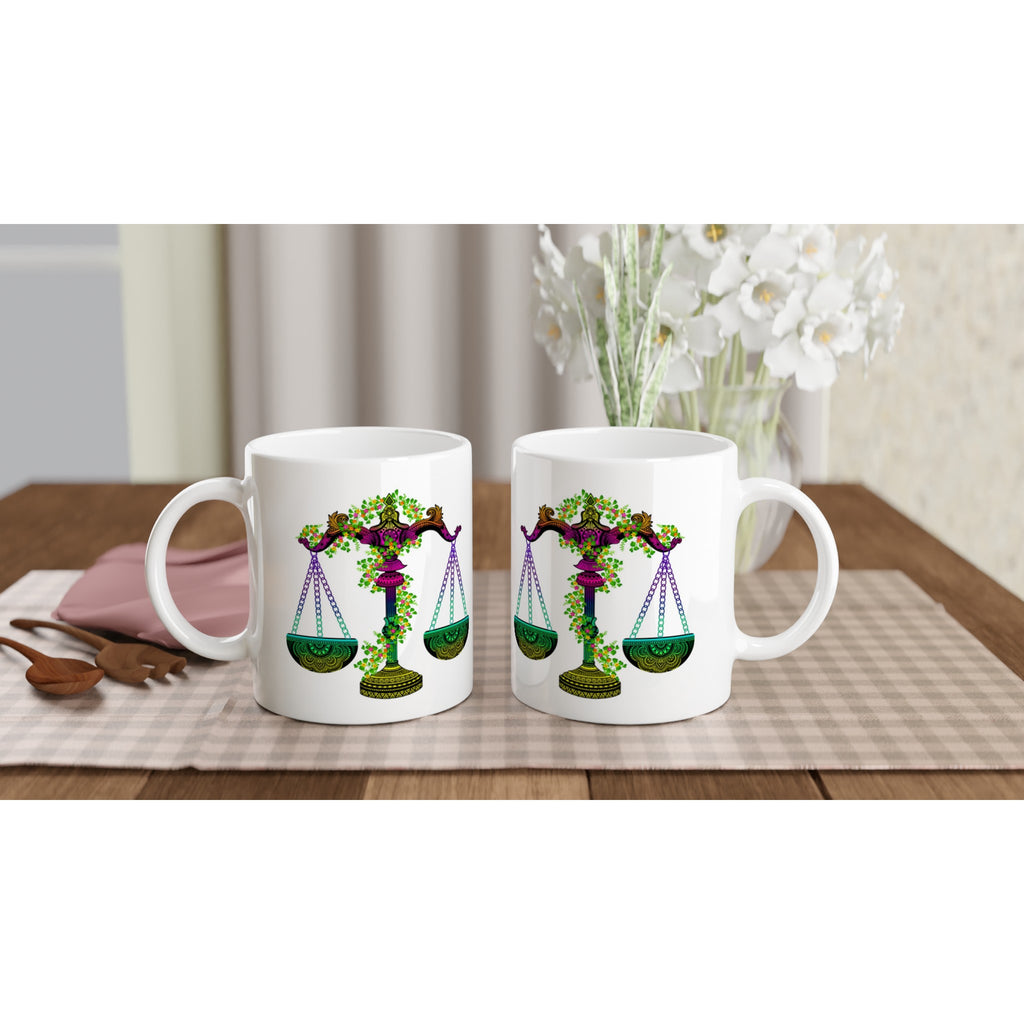 Image of two coffee white coffee mugs with Libra Sign designed by AK Pattern Studio 