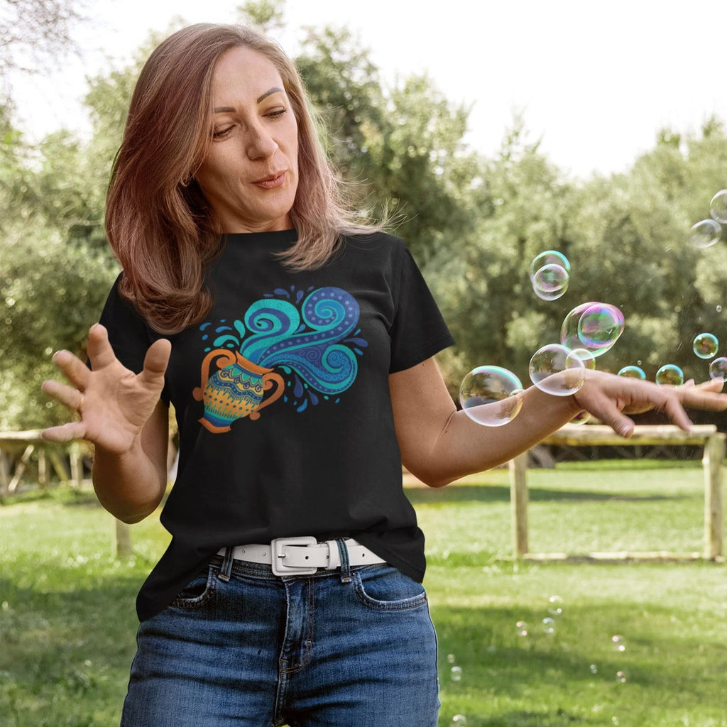 Image of Women Wearing cotton t-shirt with Aquarius Sign by AK Pattern Studio 