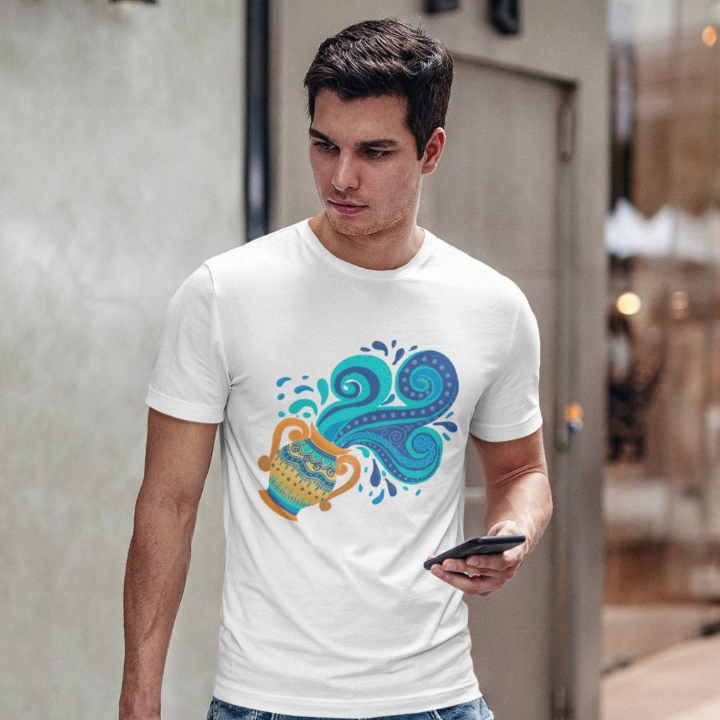 Man Wearing white Graphic T-shirt with Aquarius Zodiac Sign Graphic by AK Pattern Studio