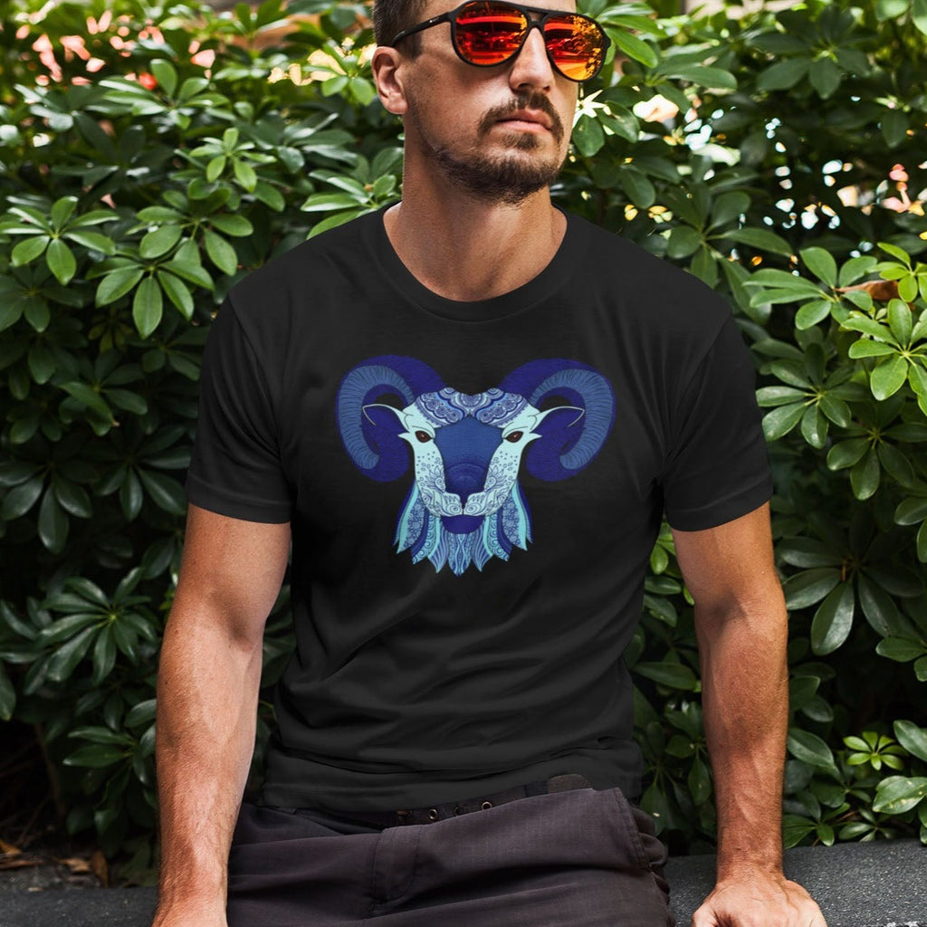 Man Wearing Black Graphic Tee with Aries Zodiac Sign Graphic by AK Pattern Studio
