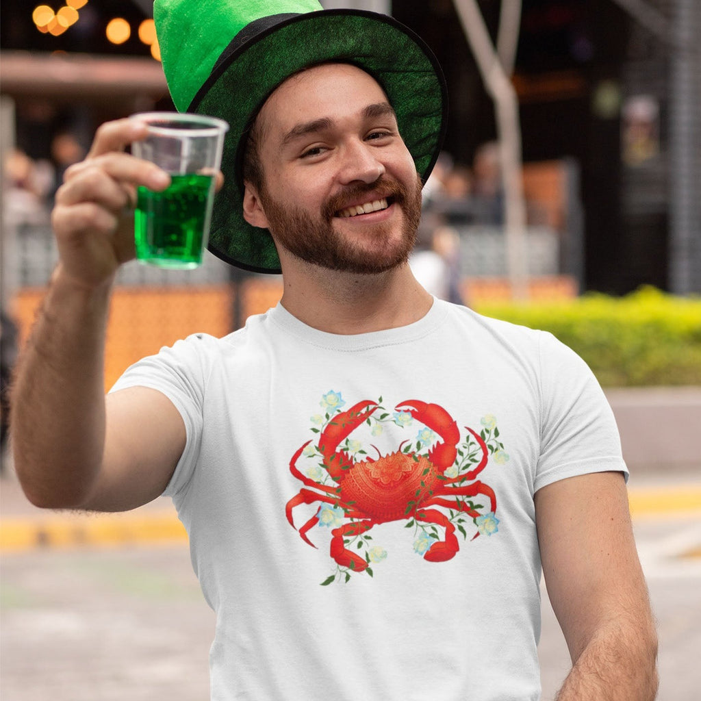 Model Wearing white Graphic T-shirt with Cancer Zodiac Sign Graphic by AK Pattern Studio