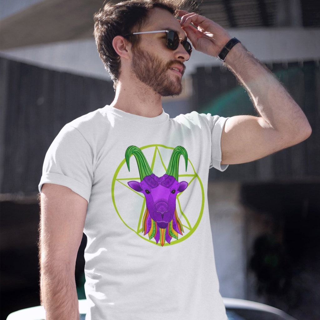 Model Wearing white Graphic T-shirt with Capricorn Zodiac Sign Graphic by AK Pattern Studio