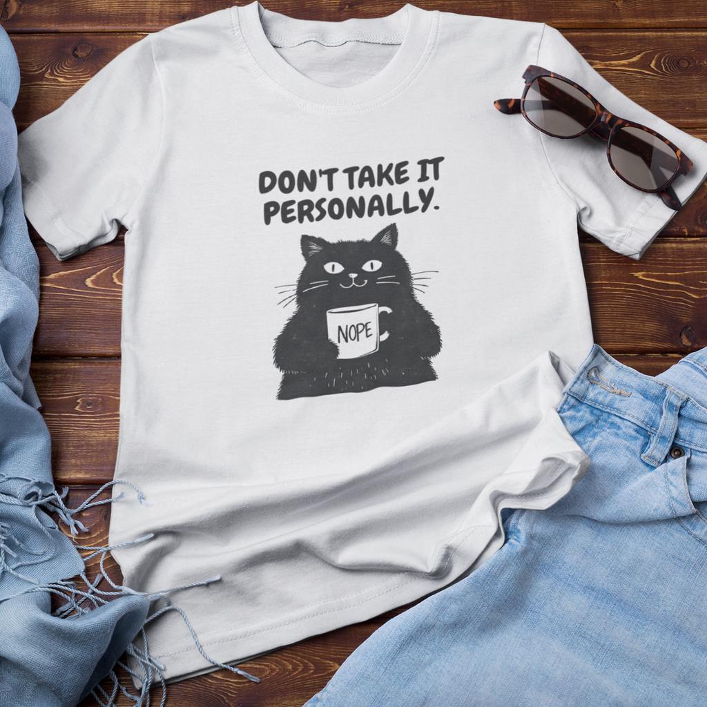 White t-shirt with a cat graphic and text 'Don't take it personally.' on a wooden surface with denim jeans and sunglasses.