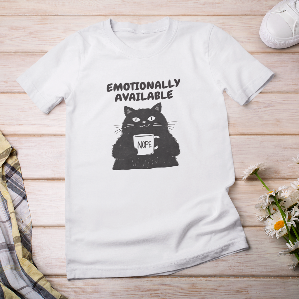 White t-shirt with a black cat graphic and text on a wooden surface with a plaid shirt, sneakers, and flowers.