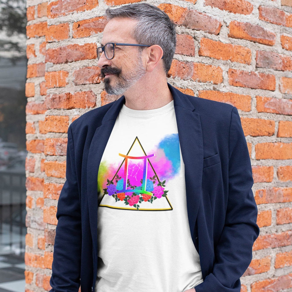 Model Wearing white Graphic T-shirt with Gemini Zodiac Sign Graphic by AK Pattern Studio