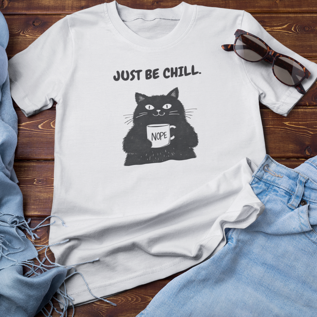 White t-shirt with a cat graphic and 'Just Be Chill, Nope' text on a wooden surface with denim jeans and sunglasses.