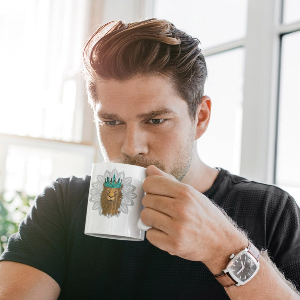 Image of Model holding Coffee Mug with Leo King Sign designed by AK Pattern Studio