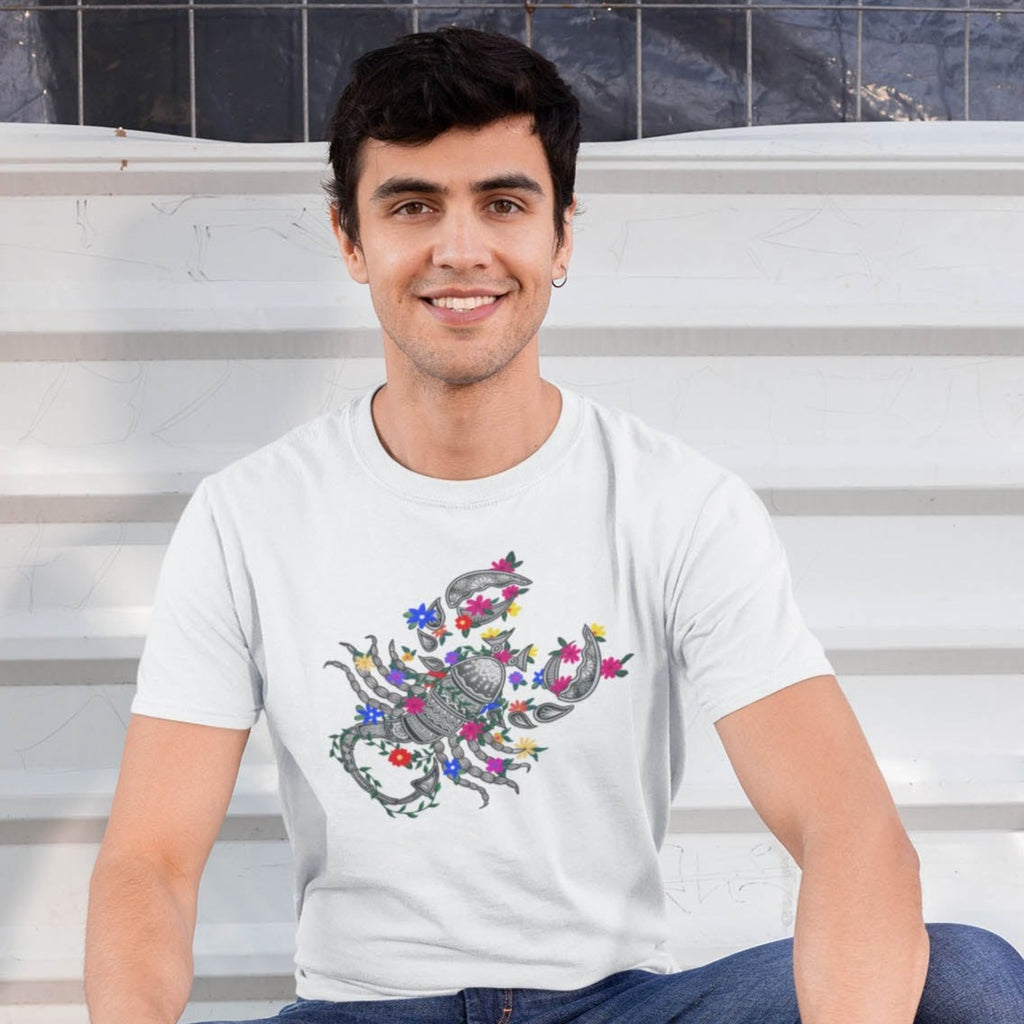 Model Wearing white Graphic T-shirt with Scorpio Zodiac Sign Graphic by AK Pattern Studio