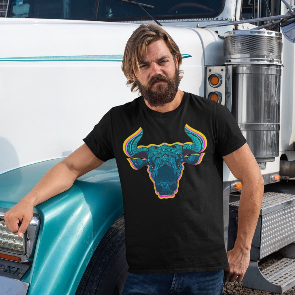 Man Wearing Black Graphic Tee with Taurus Zodiac Sign Graphic by AK Pattern Studio