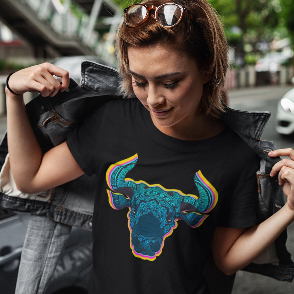 Image of Women wearing graphic Tee with Taurus Sign by AK Pattern Studio