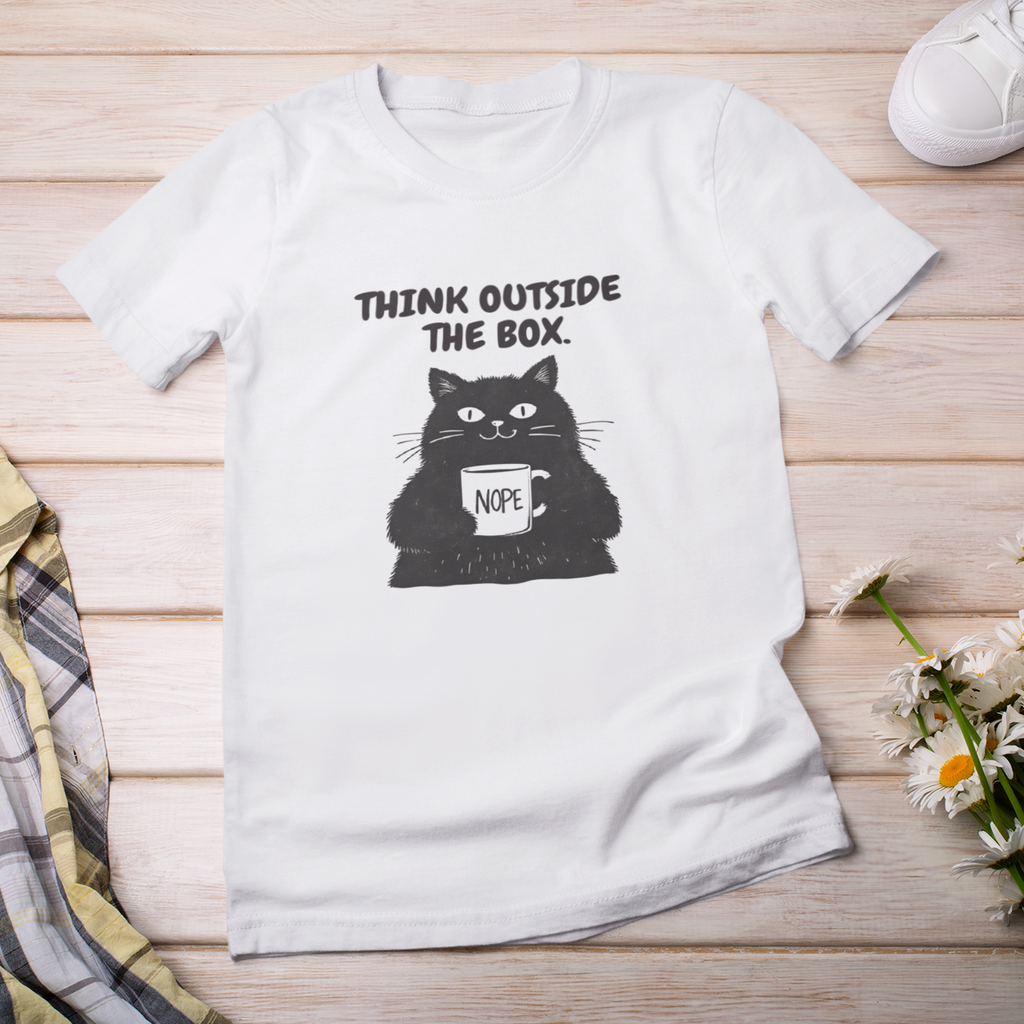 White t-shirt with a black cat graphic and text on a wooden surface with a plaid shirt, sneakers, and flowers.