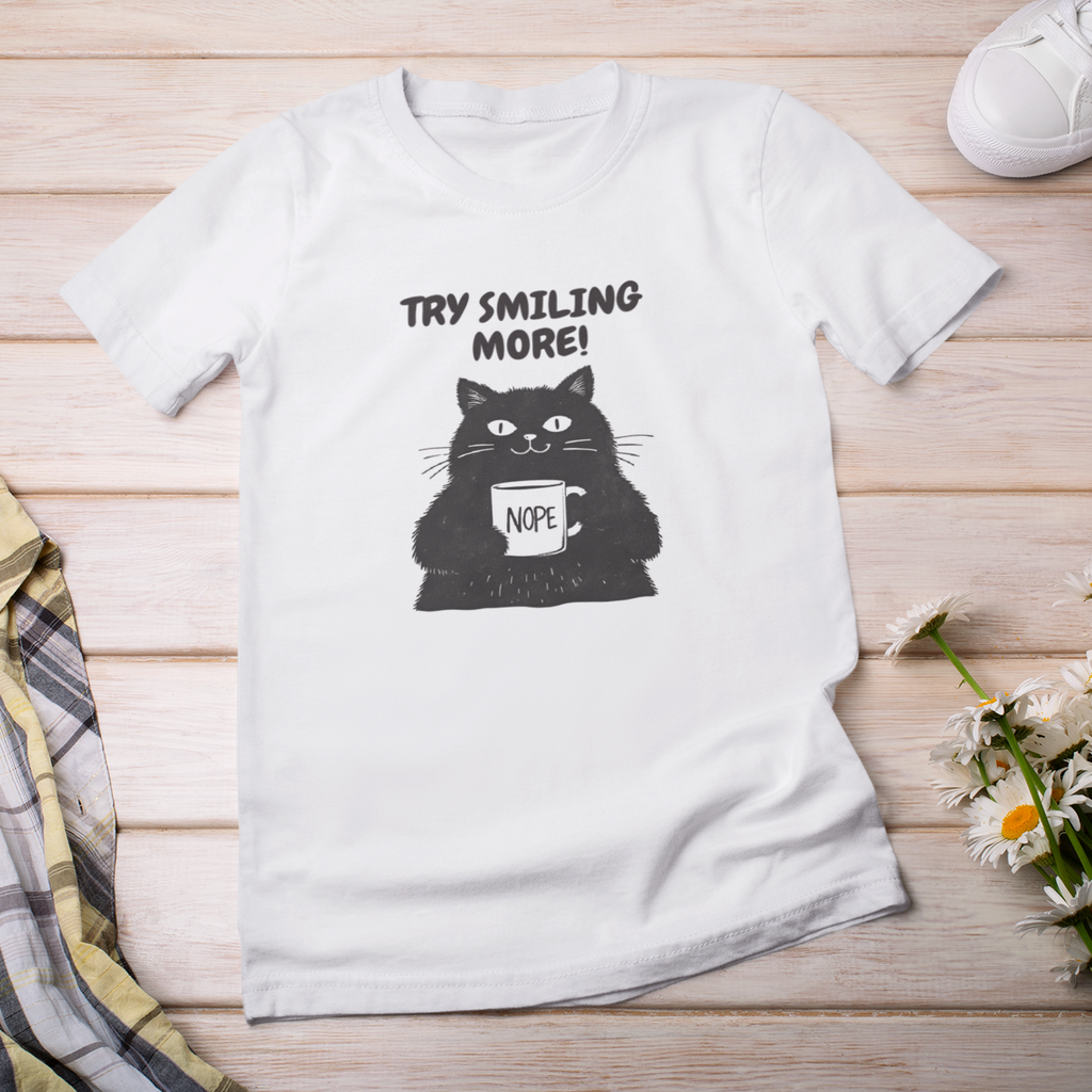 White t-shirt with a black cat graphic and text on a wooden surface with a plaid shirt, sneakers, and flowers.