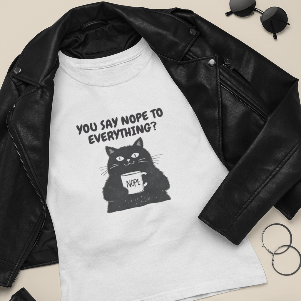 White t-shirt with black cat graphic and text on a black leather jacket, black boots, and black handbag.