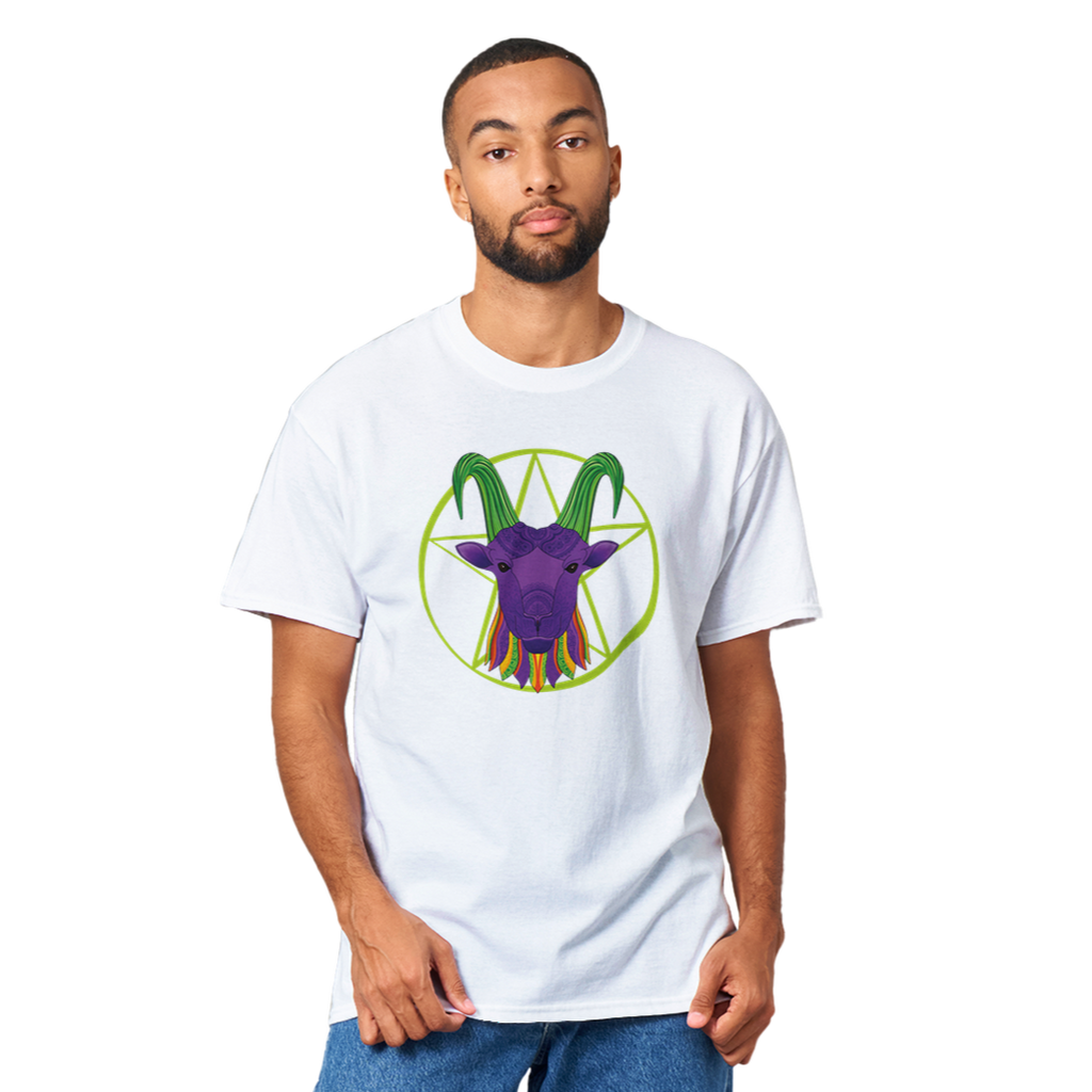 Man Wearing white Graphic T-shirt with Capricorn Zodiac Sign Graphic by AK Pattern Studio
