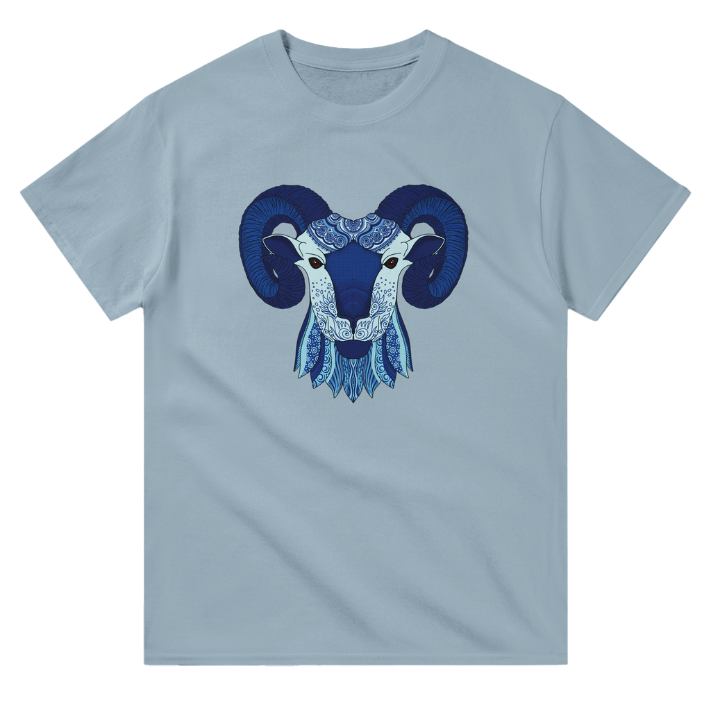 Image of Light Blue T-Shirt with Aries Zodiac Sign Graphic by AK Pattern Studio 