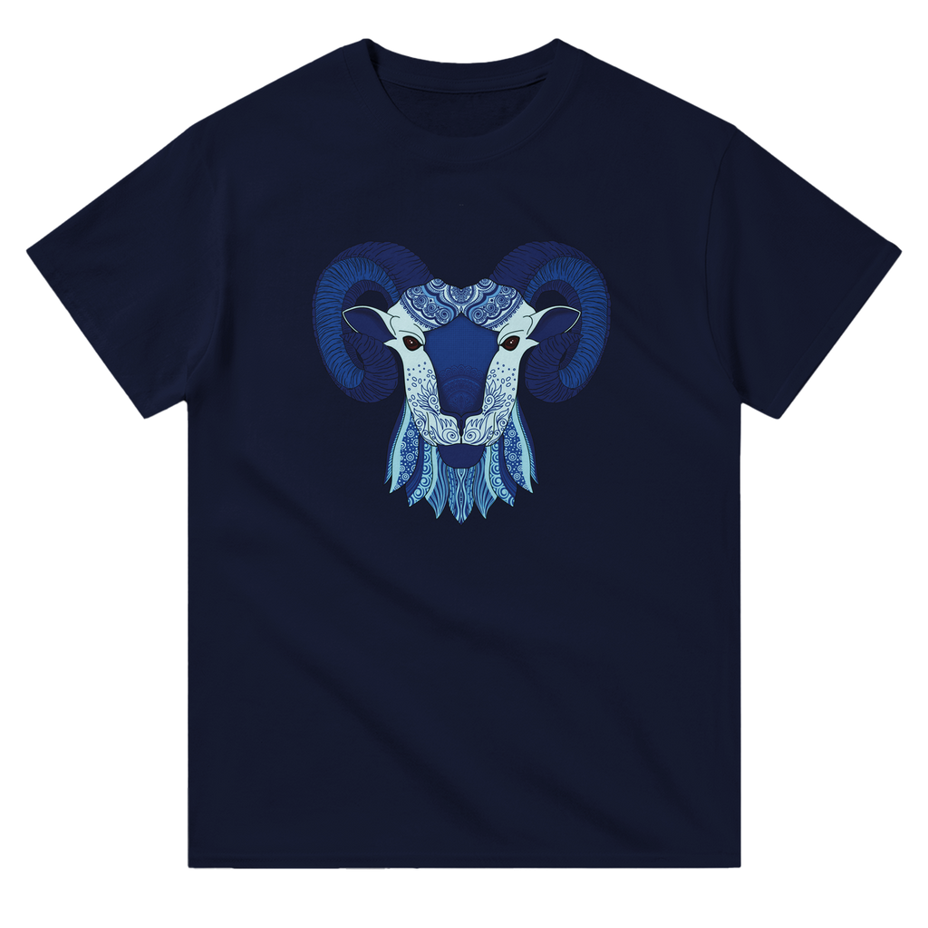 Image of Navy Blue T-Shirt with Aries Zodiac Sign Graphic by AK Pattern Studio